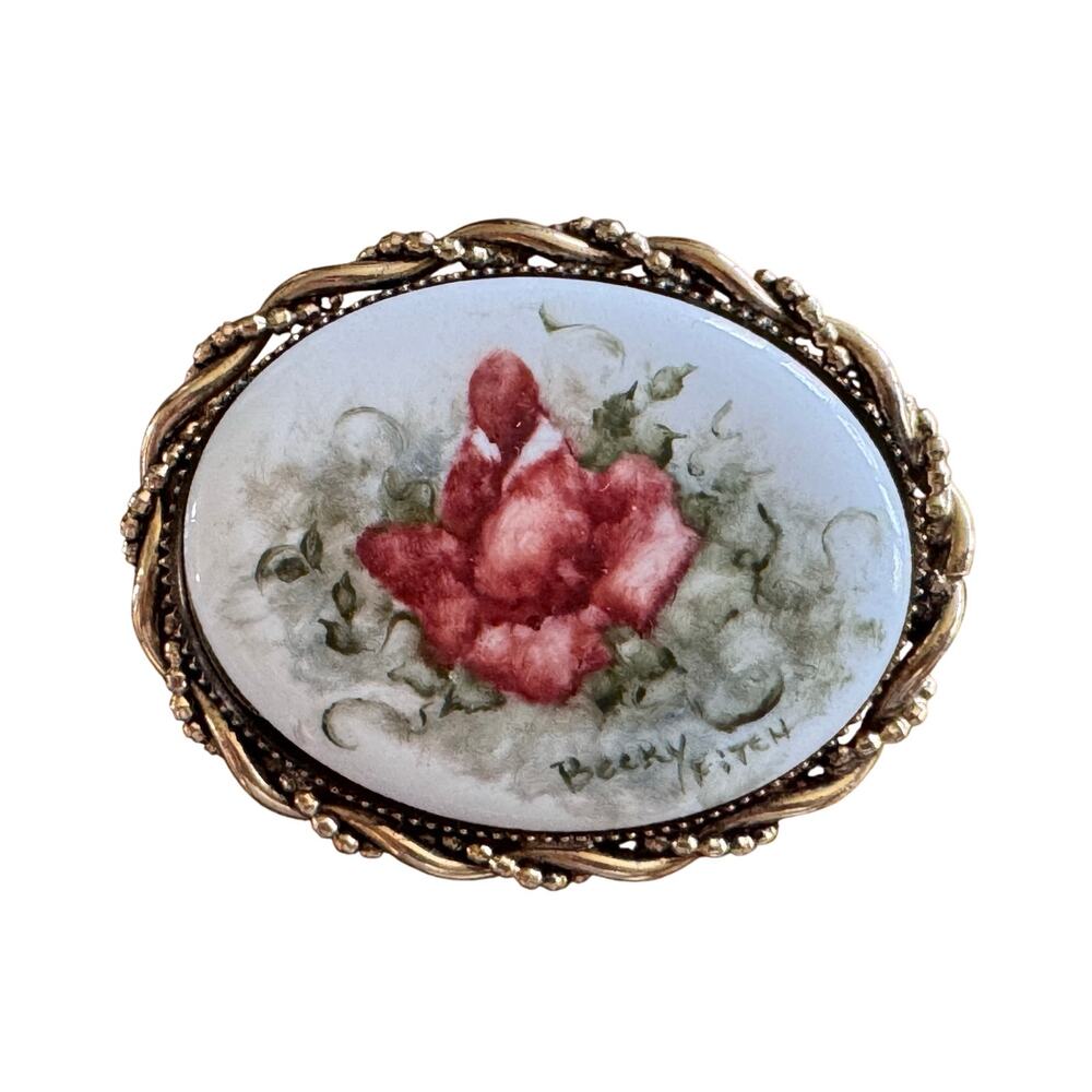 Vintage Porcelain Handpainted Signed Red Rose Floral Brooch Pin Gold Tone